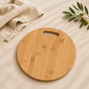 Planche à découper ronde en bambou écologique, 100 % naturelle, de qualité alimentaire, avec poignée intégrée pour une utilisation en cuisine - Product Image 4