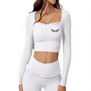 Women's Pink <b>Square</b> <b>Neck</b> <b>Long</b> <b>Sleeve</b> Crop <b>Top</b> With Ruffles And Embroidery Logo Yoga Fitness Wear - Product Image 2