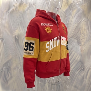 Sweat-shirt à capuche zippé pour homme Snowgrace, coupe ample, color block, streetwear, rouge jaune, coton French Terry, vêtements d'automne - Product Image 4