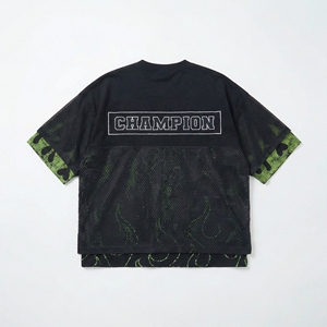 T-shirt de performance en maille noire et vert fluo avec superposition en maille, vente en gros |   Vêtements de sport et streetwear |   Fabricant de vêtements de sport OEM - Product Image 2