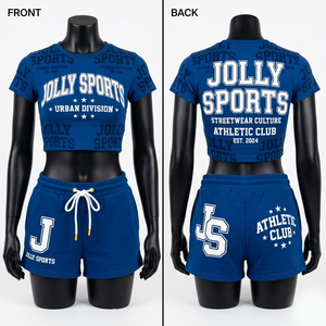 Women 320 GSM Cotton Fleece Crop Top Short <b>Set</b> Blue Puff Print Embroidery Custom Logo Streetwear 100% Cotton T shirt & Short <b>Set</b> - Product Image 4