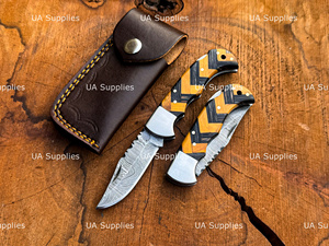 Couteau pliant premium en acier Damas, manche en bois, pointe clip, qualité industrielle, vente en gros, personnalisation d'usine, format de poche - Product Image 3