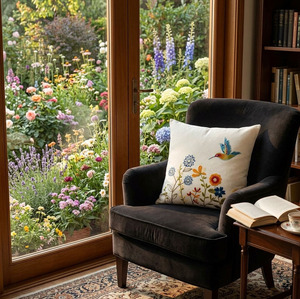 Custom Wholesale Embroidery <b>Flowers</b> and Hummingbird Vintage Square Back <b>Cushion</b> Cover 100% Cotton Washable Zipper Closure - Product Image 2