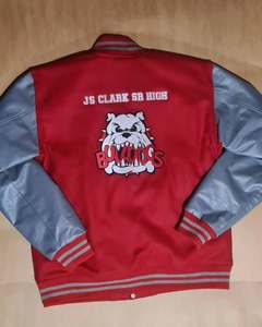 High Varsity <b>Jacket</b> Red Gray Nylon/Cotton Sleeve Embroidered Letter Pattern Stand Collar Men's Casual Winter <b>Jacket</b> - Product Image 2