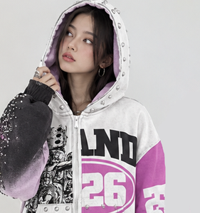Sudaderas con capucha y cremallera extragrandes personalizadas con estampado gráfico y mangas de cristal con bloques de color, estilo urbano, para unisex. - Product Image 4