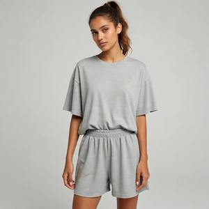 Ensemble de shorts d'été pour femmes, 100% coton, t-shirt à col rond tricoté et shorts sans poches, coupe régulière, manches courtes, streetwear - Product Image 5