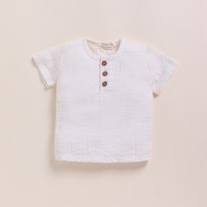 Premium Quality Organic Muslin Short Sleeve Henley T-shirt With Lounge Pant Set - Milk + Cocoa Whisper - Product Image 2