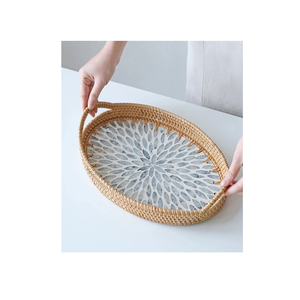 Plateau de service en nacre et rotin de qualité supérieure, artisanal, nouveau modèle, forme ovale, pour le rangement des aliments, à prix avantageux - Product Image 1
