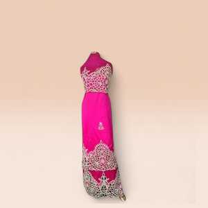 Hot Pink Luxury Beaded George <b>Fabric</b> with Silver Cutwork Embroidery for Nigerian Wedding & Party Wear - Product Image 1