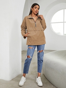 Women Camel Windbreaker <b>Jacket</b> Half Zip Pullover Coat <b>Ladies</b> Fashion Front Pocket Outerwear Casual High Neck Top New - Product Image 6