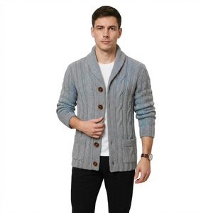 Men's Shawl Collar Cable Knit <b>Cardigan</b> <b>Thick</b> Warm Winter Sweater Coat Button Up Chunky Knitted Jumper with Pockets Grey Casual - Product Image 1