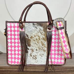 Bolso de mano de cuero de vaca mecanizado a mano de gran capacidad de nuevo diseñador con patrón de tablero de ajedrez rosa y blanco bolsos de hombro con flecos - Product Image 3