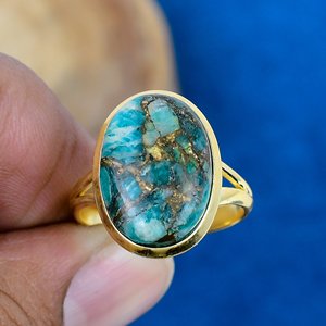 Bague en amazonite verte naturelle ovale, or 18 carats micro-plaqué sur argent sterling 925 - Product Image 2