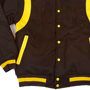 Chaqueta Bomber Varsity Unisex 2026 Negra y Dorada de Satén y Lana, Cortavientos, Térmica, Ligera, con Bordado Griego Personalizado para Universidad - Product Image 2