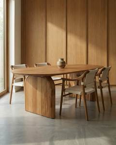 Juego de Mesa de Comedor Ovalada de Madera de Teca Estilo Japandi, Sillas de Comedor Modernas, Fabricante de Muebles de Indonesia - Product Image 2