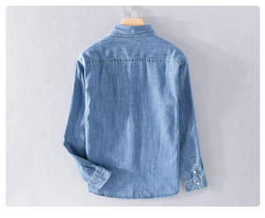 Camisa vaquera de hombre de manga larga, delgada, lisa, 100% algodón, suave, transpirable, con cuello alto, para invierno, 220g, con botones cubiertos - Product Image 5