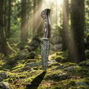 Cuchillos de caza de acero de Damasco hechos a mano de primera calidad con mango de madera, alto brillo, grado industrial, funda para acampar al aire libre - Product Image 2