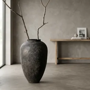 Grand vase de sol Wabi Sabi, vase en céramique noire rustique, finition texturée organique, minimaliste, écologique, pour jardin, utilisation en intérieur - Product Image 3