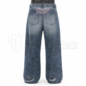 Pantalones Vaqueros Anchos Azules Lavados Personalizados para Hombre al por Mayor con Estampado de Grafiti, Vaqueros Rotos, Estilo Urbano, Ajuste Holgado - Product Image 2