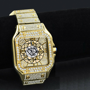Reloj rectangular de oro amarillo con bisel de diamantes y brazalete, reloj analógico de cuarzo con esfera de cristal de zafiro y cierre plegable - Product Image 5