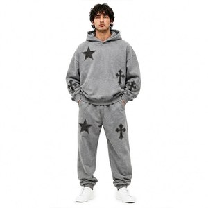 Ensemble de survêtement 2 pièces oversize pour homme, sweat à capuche et pantalon de jogging, avec applique en cuir motif étoile et croix, en polaire, personnalisable, OEM, fabricant grossiste - Product Image 2