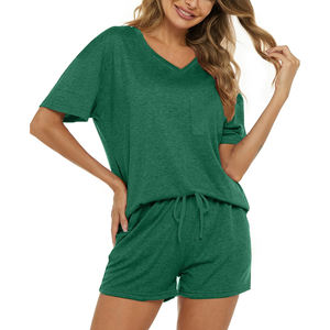 Women's <b>Sets</b> Custom Comfortable Summer Casual Style 100% Cotton Short Pajamas <b>Set</b> V-Neck Sleepwear Blank 2 Piece <b>Set</b> Women - Product Image 1
