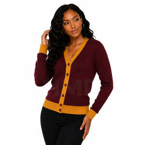 HMR Sisterhood Casual Winter Maroon And Mustard V-Neck Knitted <b>Cardigan</b> With <b>Button</b> Closure <b>Long</b> Sleeve Classic Style Autumn - Product Image 1