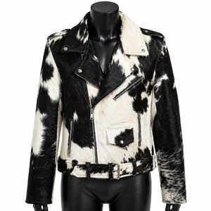 Chaqueta de Motociclista de Cuero Vacuno para Hombre, Estampado Animal, Cuello Camisero, Cierre de Cremallera, Forro de Piel Sintética, Gruesa para Invierno, Corte Regular - Product Image 1