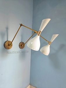Vintage Nautical White Italian Brass Bell LED Diablo Wall <b>Sconce</b> Pair Mid Century 1950s Decorative Bedside <b>Light</b> Lamps Gift - Product Image 1