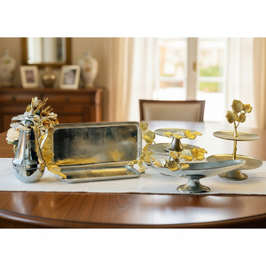 Juego de Vajilla de Metal Martillado de Lujo de Alta Gama, Color Plata y Oro, con Diseño de Hoja de Ginkgo, Ecológico, Apto para Lavavajillas, Bandeja para Pastel - Product Image 4