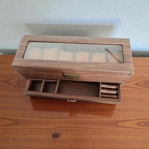 Boîte à montres rustique en bois de noyer, organisateur à 2 niveaux, coffre à bijoux pour homme, grand tiroir à 6 emplacements, présentoir de montres de table suspendu - Product Image 2