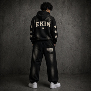 Ekin Impex OEM Custom Pearl Logo Sun Faded Vintage Streetwear Embroidery Hoodies and Waistband Sweatpants <b>Tracksuit</b> for Men - Product Image 4