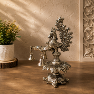 Silver Decorative Peacock Oil Burner Hanging Bells <b>Art</b> <b>Deco</b> Adjustable Elegant Tabletop Artifact Diwali Puja Housewarming Gifts - Product Image 1