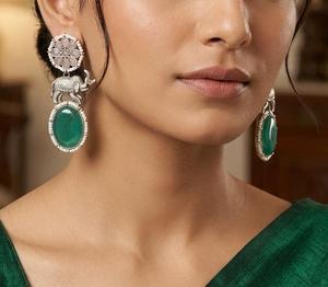 <b>Silver</b> Plated Jade Drop Earrings With Elephant Design Ethnic Women's Wedding Jewelry - Product Image 1