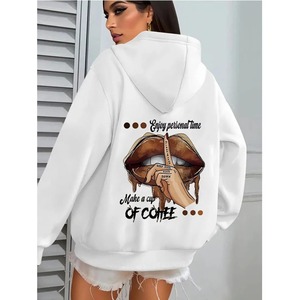 Sweat-shirt rose à capuche pour femme, coupe oversize, imprimé lèvres café, motif lettres au dos, tricoté, manches longues, style décontracté automne - Product Image 3
