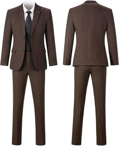 Costume trois pièces en coton marron pour homme, style britannique, formel, croisé, col à revers, plissé, infroissable, haute qualité - Product Image 2
