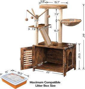 Cat Tree Litter Box Enclosure, 44"Tall Wooden Cat Tower <b>Scratching</b> <b>Post</b>, Cat Hammock, All-in-One Indoor Cat Condo, Rustic Brown - Product Image 6