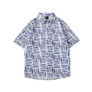Men's Summer Cotton Shirt <b>Set</b> Geometric Print Short Sleeve Casual Wear Blue White Patterned Turn-down Collar - Product Image 2