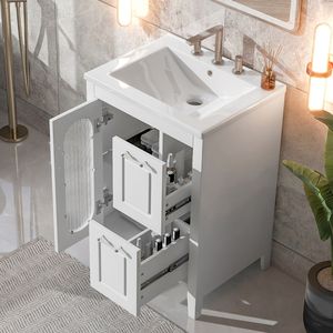 Mobile da Bagno in Legno Massello e MDF da 24 Pollici con Lavabo, Due Cassetti, Ripiano Regolabile, Finitura Bianca - Product Image 6