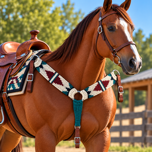 Collier de poitrail personnalisé pour cheval de style western, motif Navajo perlé, finition en laine et cuir, couleurs Teal et Tan, tailles COB/FULL - Product Image 3