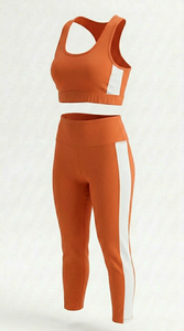 Women Yoga Set <b>Orange</b> Racerback Sports Bra High Waist <b>Leggings</b> Full Length Seamless Side Stripe Breathable Workout 2 Piece Set - Product Image 4