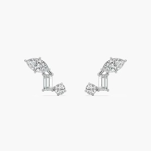 Pendientes de Diamantes Cultivados en Laboratorio con Tres Piedras en Forma de Marquesa, Baguette y Redonda, Oro Blanco de 14K, Certificados por IGI, Joyería para Mujer - Product Image 2