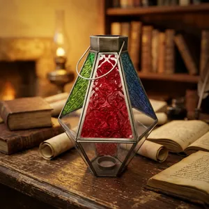 Artisan Design Handmade Tapered Glass Lantern with Embossed <b>Red</b>/Green/Blue Panels <b>Candle</b> Holder for Home Decoration - Product Image 4