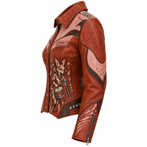 Brown Terracotta Women Western Cowhide Leather Jacket <b>Studded</b> Printed Biker Retro Spiked Collar Coat OEM Custom Manufacturer - Product Image 4