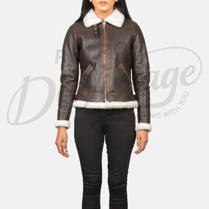 Women Dark <b>Brown</b> Distressed Real <b>Leather</b> <b>Jacket</b> White Faux Fur Trim Slim Fit Premium Sheepskin Winter Biker Outerwear Coat - Product Image 4