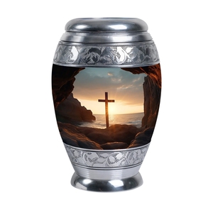 Urna Funeraria de Metal con Cruz Sagrada de Aluminio, Diseño de Amanecer en una Cueva Marina, Grabada a Mano, Acabado Plateado, de Latón, para Cenizas Humanas - Product Image 1