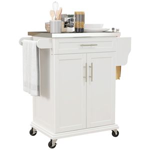 Isola da Cucina Bianca Crema su Ruote in Acciaio Inossidabile con Cassetto e Portasciugamani, Carrello da Cucina con Piano di Lavoro - Product Image 1