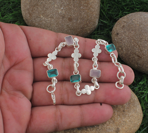 SHREE JAIPUR <b>SILVER</b> Wholesale Gold Plated 925 Sterling <b>Silver</b> Luxury Multi Gemstone Station Link <b>Beaded</b> Bracelet Clover Flower - Product Image 3
