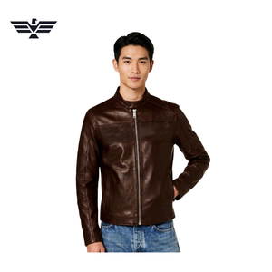 Veste en cuir PU marron pour homme, séchage rapide, 240g, style motard, col montant, fermeture éclair, couleur unie, coupe ajustée, pour l'automne - Product Image 5
