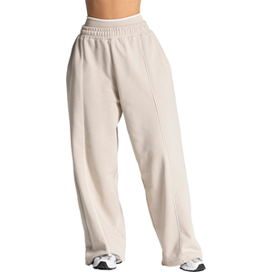 Pantalon de jogging molletonné pour femme, taille mi-haute, avec passepoil contrastant, respirant, écologique, coupe ample, décontracté, 100% coton - Product Image 1